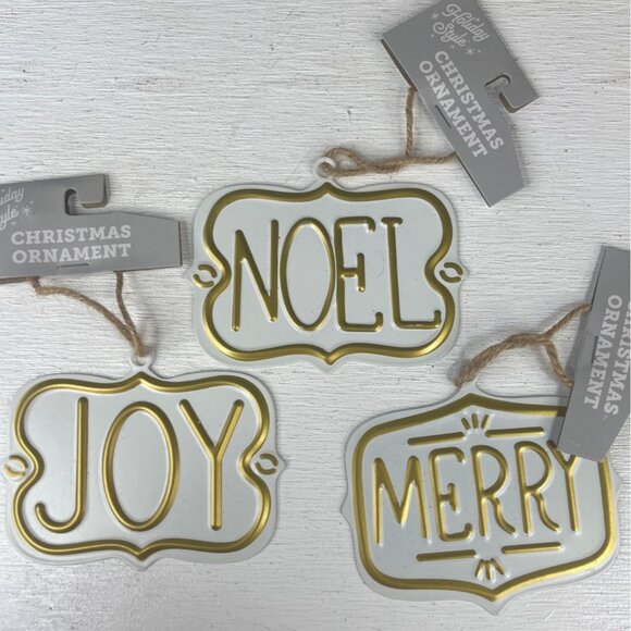 Holiday Style 6 Pc Christmas Ornaments Set Joy Noel Merry Tin Hanging - Picture 3 of 9
